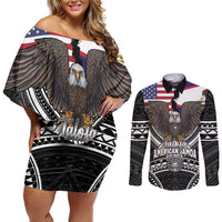Talofa American Samoa Flag Day Couples Matching Off Shoulder Short Dress and Long Sleeve Button Shirt Bald Eagle Polynesian Tattoo