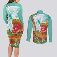 Hawaii Cinco de Mayo Couples Matching Long Sleeve Bodycon Dress and Long Sleeve Button Shirt Chili Pepper Hula Girl Tropical Vibes