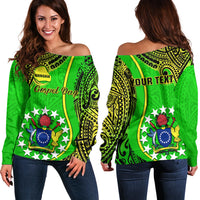 Personalised Cook Islands Off Shoulder Sweater Mangaia Gospel Day Green Version LT14 Women Green - Polynesian Pride