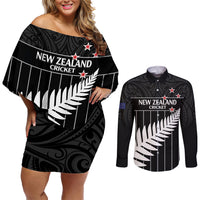 Custom New Zealand Silver Fern Cricket Couples Matching Off Shoulder Short Dress and Long Sleeve Button Shirt Aotearoa Maori Go Black Cap LT14 Black - Polynesian Pride