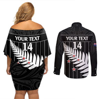 Custom New Zealand Silver Fern Cricket Couples Matching Off Shoulder Short Dress and Long Sleeve Button Shirt Aotearoa Maori Go Black Cap LT14 - Polynesian Pride