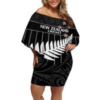 Custom New Zealand Silver Fern Cricket Off Shoulder Short Dress Aotearoa Maori Go Black Cap LT14 Women Black - Polynesian Pride