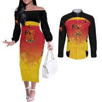 Custom Papua New Guinea Cricket Couples Matching Off The Shoulder Long Sleeve Dress and Long Sleeve Button Shirt 2024 Go PNG