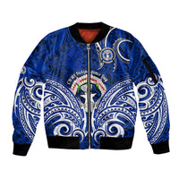 Personalised Independence Day CNMI Sleeve Zip Bomber Jacket Northern Mariana Islands Tribal Tattoo Pattern LT14 Unisex Blue - Polynesian Pride