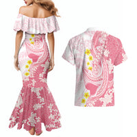 Pink Hawaii Shark Tattoo Couples Matching Mermaid Dress and Hawaiian Shirt Puakenikeni Lei Plumeria Polynesian Pattern