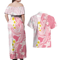 Pink Hawaii Shark Tattoo Couples Matching Off Shoulder Maxi Dress and Hawaiian Shirt Puakenikeni Lei Plumeria Polynesian Pattern