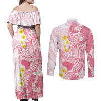 Pink Hawaii Shark Tattoo Couples Matching Off Shoulder Maxi Dress and Long Sleeve Button Shirt Puakenikeni Lei Plumeria Polynesian Pattern