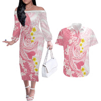Pink Hawaii Shark Tattoo Couples Matching Off The Shoulder Long Sleeve Dress and Hawaiian Shirt Puakenikeni Lei Plumeria Polynesian Pattern
