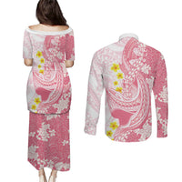 Pink Hawaii Shark Tattoo Couples Matching Puletasi and Long Sleeve Button Shirt Puakenikeni Lei Plumeria Polynesian Pattern