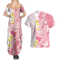 Pink Hawaii Shark Tattoo Couples Matching Summer Maxi Dress and Hawaiian Shirt Puakenikeni Lei Plumeria Polynesian Pattern