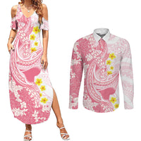 Pink Hawaii Shark Tattoo Couples Matching Summer Maxi Dress and Long Sleeve Button Shirt Puakenikeni Lei Plumeria Polynesian Pattern