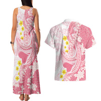Pink Hawaii Shark Tattoo Couples Matching Tank Maxi Dress and Hawaiian Shirt Puakenikeni Lei Plumeria Polynesian Pattern