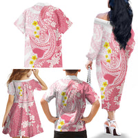 Pink Hawaii Shark Tattoo Family Matching Off The Shoulder Long Sleeve Dress and Hawaiian Shirt Puakenikeni Lei Plumeria Polynesian Pattern