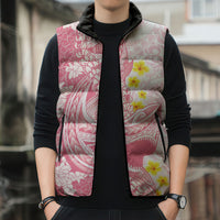 Pink Hawaii Shark Tattoo Sleeveless Puffer Jacket Puakenikeni Lei Plumeria Polynesian Pattern