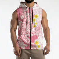 Pink Hawaii Shark Tattoo Sleeveless Zip Hoodie Puakenikeni Lei Plumeria Polynesian Pattern