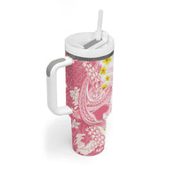 Pink Hawaii Shark Tattoo Tumbler With Handle Puakenikeni Lei Plumeria Polynesian Pattern