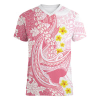 Pink Hawaii Shark Tattoo Women V-Neck T-Shirt Puakenikeni Lei Plumeria Polynesian Pattern