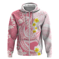 Pink Hawaii Shark Tattoo Zip Hoodie Puakenikeni Lei Plumeria Polynesian Pattern