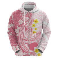Pink Hawaii Shark Tattoo Zip Hoodie Puakenikeni Lei Plumeria Polynesian Pattern