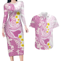 Purple Hawaii Shark Tattoo Couples Matching Long Sleeve Bodycon Dress and Hawaiian Shirt Puakenikeni Lei Plumeria Polynesian Pattern