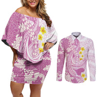 Purple Hawaii Shark Tattoo Couples Matching Off Shoulder Short Dress and Long Sleeve Button Shirt Puakenikeni Lei Plumeria Polynesian Pattern