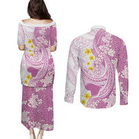 Purple Hawaii Shark Tattoo Couples Matching Puletasi and Long Sleeve Button Shirt Puakenikeni Lei Plumeria Polynesian Pattern