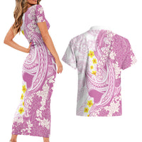 Purple Hawaii Shark Tattoo Couples Matching Short Sleeve Bodycon Dress and Hawaiian Shirt Puakenikeni Lei Plumeria Polynesian Pattern