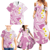Purple Hawaii Shark Tattoo Family Matching Summer Maxi Dress and Hawaiian Shirt Puakenikeni Lei Plumeria Polynesian Pattern