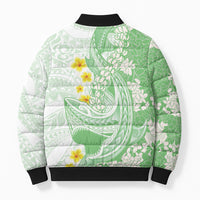 Green Hawaii Shark Tattoo Bomber Puffer Jacket Puakenikeni Lei Plumeria Polynesian Pattern