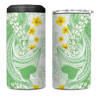 Green Hawaii Shark Tattoo 4 in 1 Can Cooler Tumbler Puakenikeni Lei Plumeria Polynesian Pattern