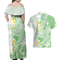 Green Hawaii Shark Tattoo Couples Matching Off Shoulder Maxi Dress and Hawaiian Shirt Puakenikeni Lei Plumeria Polynesian Pattern