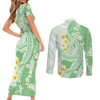 Green Hawaii Shark Tattoo Couples Matching Short Sleeve Bodycon Dress and Long Sleeve Button Shirt Puakenikeni Lei Plumeria Polynesian Pattern