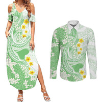 Green Hawaii Shark Tattoo Couples Matching Summer Maxi Dress and Long Sleeve Button Shirt Puakenikeni Lei Plumeria Polynesian Pattern