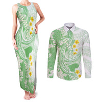 Green Hawaii Shark Tattoo Couples Matching Tank Maxi Dress and Long Sleeve Button Shirt Puakenikeni Lei Plumeria Polynesian Pattern
