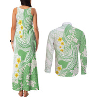 Green Hawaii Shark Tattoo Couples Matching Tank Maxi Dress and Long Sleeve Button Shirt Puakenikeni Lei Plumeria Polynesian Pattern