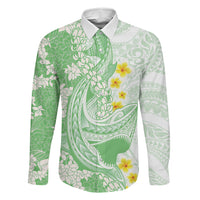 Green Hawaii Shark Tattoo Family Matching Mermaid Dress and Hawaiian Shirt Puakenikeni Lei Plumeria Polynesian Pattern LT14 Dad's Shirt - Long Sleeve Green - Polynesian Pride