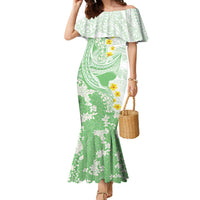 Green Hawaii Shark Tattoo Family Matching Mermaid Dress and Hawaiian Shirt Puakenikeni Lei Plumeria Polynesian Pattern LT14 Mom's Dress Green - Polynesian Pride