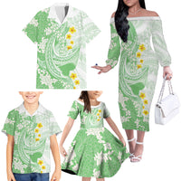 Green Hawaii Shark Tattoo Family Matching Off The Shoulder Long Sleeve Dress and Hawaiian Shirt Puakenikeni Lei Plumeria Polynesian Pattern