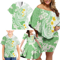 Green Hawaii Shark Tattoo Family Matching Off Shoulder Short Dress and Hawaiian Shirt Puakenikeni Lei Plumeria Polynesian Pattern