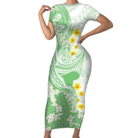 Green Hawaii Shark Tattoo Family Matching Short Sleeve Bodycon Dress and Hawaiian Shirt Puakenikeni Lei Plumeria Polynesian Pattern