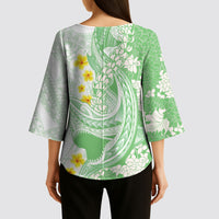 Green Hawaii Shark Tattoo Kimono Sleeve Blouse Puakenikeni Lei Plumeria Polynesian Pattern