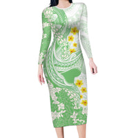 Green Hawaii Shark Tattoo Long Sleeve Bodycon Dress Puakenikeni Lei Plumeria Polynesian Pattern LT14 Long Dress Green - Polynesian Pride