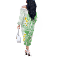 Green Hawaii Shark Tattoo Off The Shoulder Long Sleeve Dress Puakenikeni Lei Plumeria Polynesian Pattern