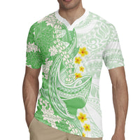 Green Hawaii Shark Tattoo Rugby Jersey Puakenikeni Lei Plumeria Polynesian Pattern