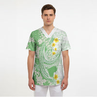 Green Hawaii Shark Tattoo Scrub Top Puakenikeni Lei Plumeria Polynesian Pattern