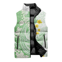 Green Hawaii Shark Tattoo Sleeveless Puffer Jacket Puakenikeni Lei Plumeria Polynesian Pattern