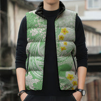Green Hawaii Shark Tattoo Sleeveless Puffer Jacket Puakenikeni Lei Plumeria Polynesian Pattern