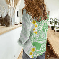 Green Hawaii Shark Tattoo Women Casual Shirt Puakenikeni Lei Plumeria Polynesian Pattern
