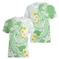 Green Hawaii Shark Tattoo Women V-Neck T-Shirt Puakenikeni Lei Plumeria Polynesian Pattern