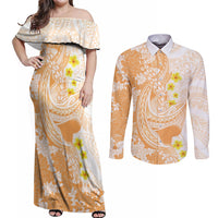 Orange Hawaii Shark Tattoo Couples Matching Off Shoulder Maxi Dress and Long Sleeve Button Shirt Puakenikeni Lei Plumeria Polynesian Pattern